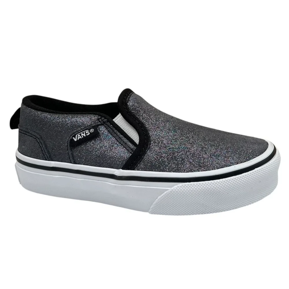 Vans Little Girls Asher Slip On Casual Shoes Size 12 Shimmer Black Gray Sneakers